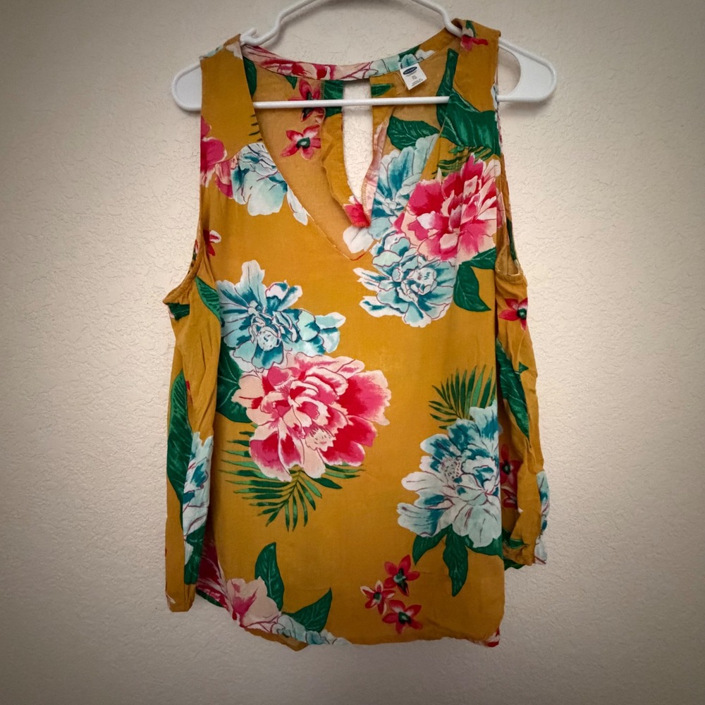 Old Navy Women XL Mustard Yellow Floral Sleeveless V-Neck Keyhole Back Blouse